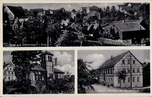 Ak Röthenbach Pretzschendorf Klingenberg im Osterzgebirge, Wetzels Gasthaus, Schule, Totale