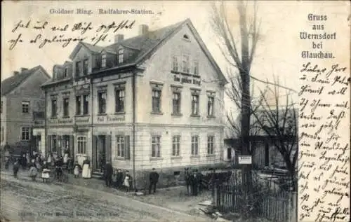 Ak Wernsdorf Glauchau in Sachsen, Goldner Ring, Radfahrer-Station
