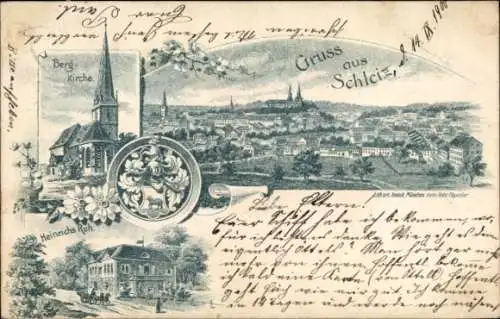 Litho Schleiz im Vogtland Thüringen, Gesamtansicht, Bergkirche, Heinrichs Ruh