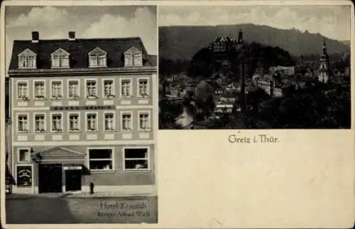 Ak Greiz in Thüringen, Teilansicht, Hotel Kranich, Bes. Alfred Wolf