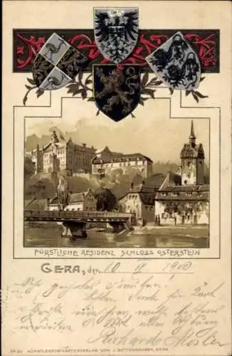 Präge Wappen Litho Gera in Thüringen, Fürstliche Residenz Schloss Osterstein
