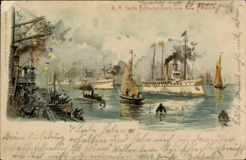 Litho S.M. Yacht Hohenzollern und ihre Paladine, Kaiserliche Marine