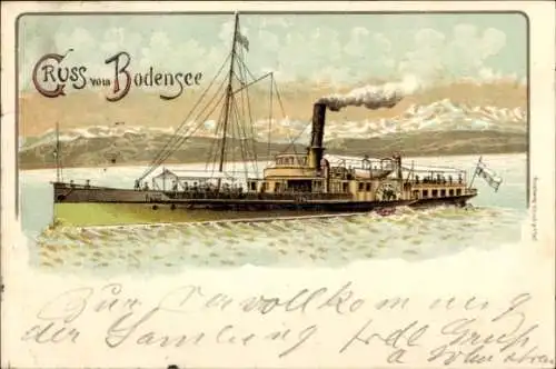 Litho Salondampfer, Dampfer auf dem Bodensee