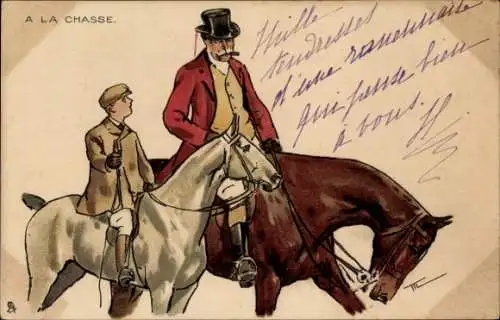 Künstler Ak Mann und sein Enkel zu Pferden, Jagd