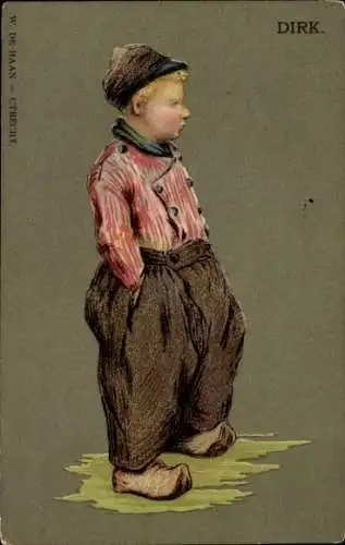Litho Junge in niederländischer Tracht, Portrait, Holzschuhe