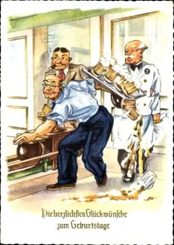 Ak Glückwunsch Geburtstag, Tollpatschiger Mann, Kegeln, Zerbrochene Biergläser