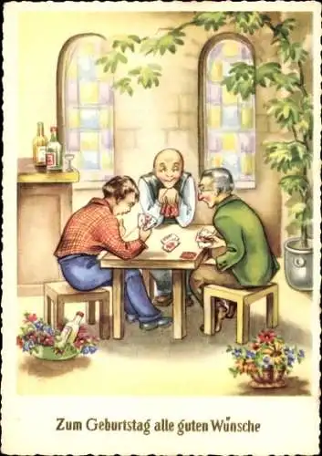 Ak Glückwünsch Geburtstag, Männer am Tisch spielen Karten