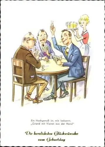 Ak Glückwünsch Geburtstag, Männer am Tisch spielen Karten, Zigaretten, Kellnerin