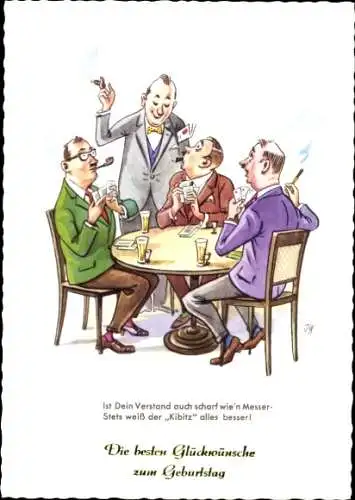 Ak Glückwünsch Geburtstag, Männer am Tisch spielen Karten, Zigarette, Pfeife