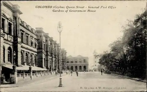 Ak Colombo Ceylon Sri Lanka, Queen Street, General Post Office, Gärten des Government House