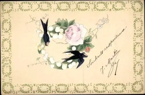 Ak Schwalben, Blumen, Rose, Maiglöckchen, Kitsch