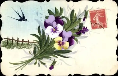 Ak Stiefmütterchen, Blumenstrauß, Schwalbe
