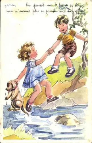 Künstler Ak Janser, Junge zieht Mädchen aus einem Fluss, Hund
