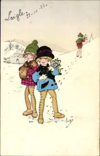 Künstler Ak Juze, Zwei Freundinnen, Muff, Schnee, Winter