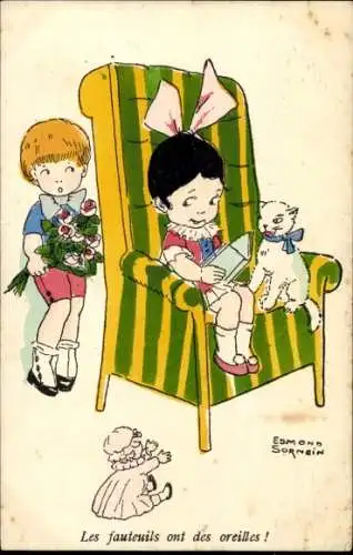 Künstler Ak Sornein, E., Mädchen liest ein Märchen vor, Katze, Puppe, Junge mit Blumenstrauß