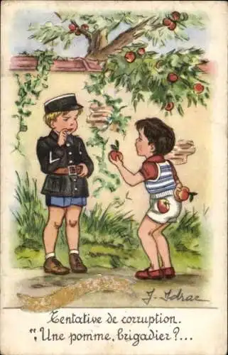 Künstler Ak Idrac, Junge hat Äpfel gestohlen, Polizist, Obstbaum