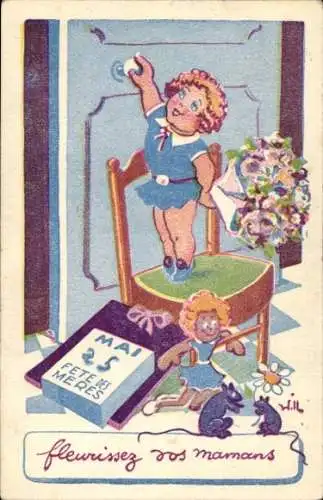 Künstler Ak Glückwunsch Muttertag, Kind an der Tür, Blumenstrauß, Mäuse