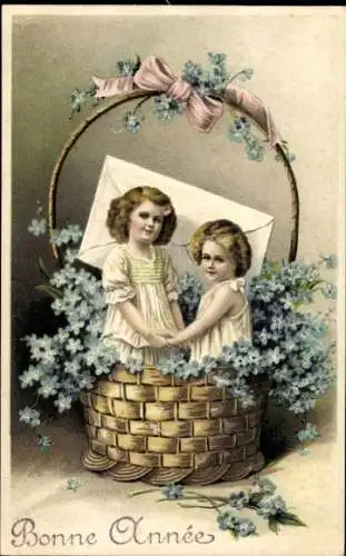 Präge Ak Glückwunsch Neujahr, Zwei Mädchen im Korb, Vergissmeinnicht