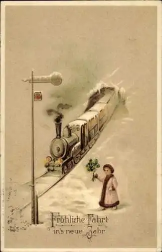 Präge Ak Glückwunsch Neujahr, Kind mit Glücksklee, Eisenbahn