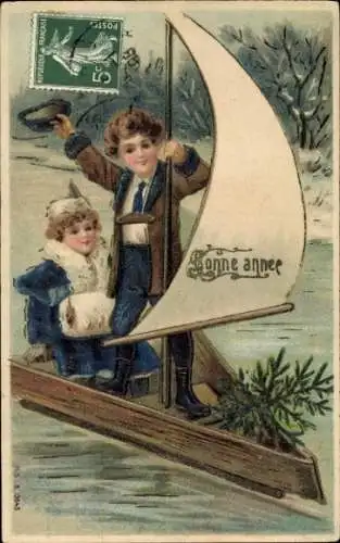 Präge Ak Glückwunsch Neujahr, Kinder im Segelboot