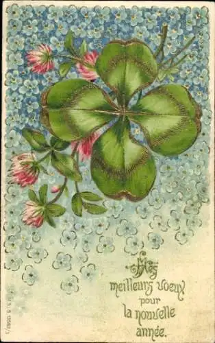 Präge Ak Glückwunsch Neujahr, Glücksklee, Vergissmeinnicht