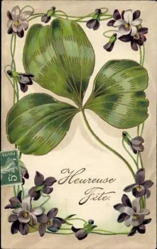 Präge Ak Glückwunsch, Glücksklee, Veilchen