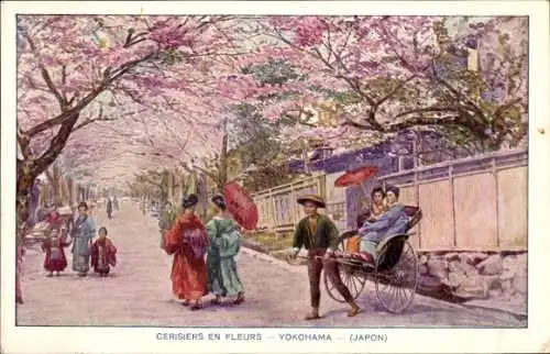 Künstler Ak Yokohama Präf. Kanagawa Japan, Kirschblüte, Spaziergänger, Rikschafahrer