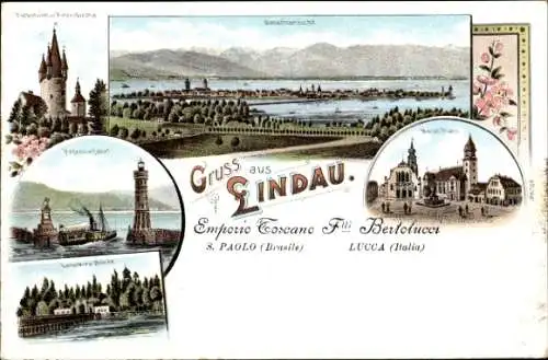 Litho Lindau am Bodensee Schwaben, Diebsturm, Peterskirche, Hafen, Marktplatz, Brücke