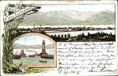 Litho Lindau in Bodensee Schwaben, Der Hafen, Leuchtturm, Panorama