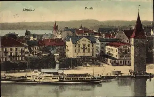 Ak Lindau am Bodensee Schwaben, Hafen, Turm, Dampfschiff
