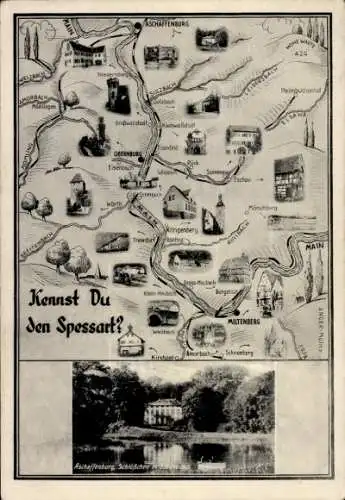 Ak Aschaffenburg in Unterfranken Bayern, Landkarte Spessart, Schlösschen Schönbusch