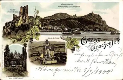 Litho Königswinter am Rhein, Drachenfels, Drachenburg, Ruine