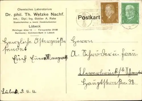 Ak Hansestadt Lübeck, Chemisches Laboratorium Dr. phil. Th. Wetzke Nachf., Gustav A. Rahe