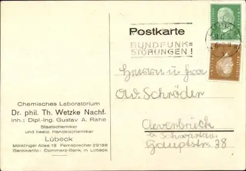 Ak Hansestadt Lübeck, Chemisches Laboratorium Dr. phil. Th. Wetzke Nachf., Gustav A. Rahe