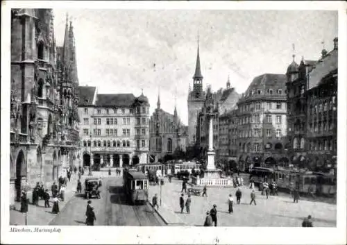 Ak München Bayern, Marienplatz mit Mariensäule, Auto, Straßenbahnen