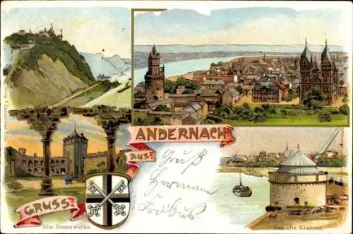 Litho Andernach am Rhein, Ortsblick, Pfarrkirche, alte Römerwerke, alter Krahnen