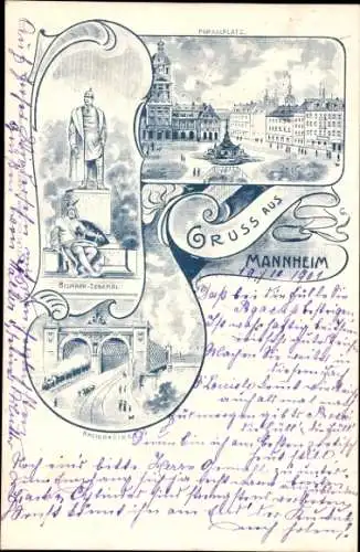 Litho Mannheim in Baden, Bismarck-Denkmal, Paradeplatz, Brücke