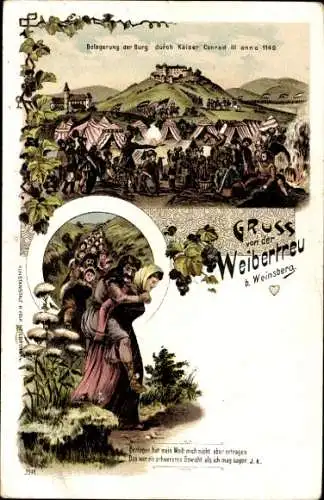 Litho Weinsberg im Kreis Heilbronn, Weibertreu, Belagerung der Burg durch Kaiser Conrad III. 1140