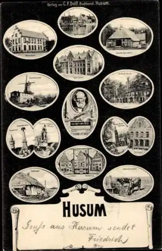 Ak Husum in Nordfriesland, Windmühle, Denkmal, Gymnasium, Theodor Storm