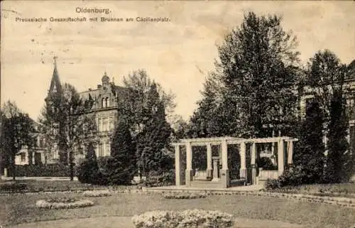 Ak Oldenburg im Großherzogtum Oldenburg, Preussische Gesandtschaft mit Brunnen am Cäcilienplatz