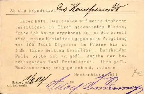 Ak Orsoy Rheinberg am Niederrhein, holländische Zigarren- und Tabakfabrik Adolf Tendering