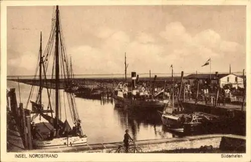 Ak Insel Nordstrand in Nordfriesland, Süderhafen, Boote, Fahrrad