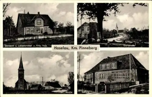 Ak Haselau in Holstein, Dorfstraße, Schule, Kirche, Bäckerei Fritz Volz