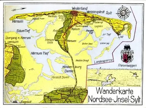 Landkarten Ak Sylt in Nordfriesland, Westerland, Wenningstedt, Friesenwappen, Wanderkarte