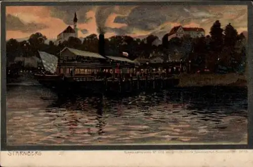 Künstler Litho Diemer, Zeno, Starnberg in Oberbayern, Salondampfer an der Anlegestelle bei Nacht