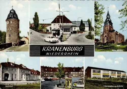 Ak Kranenburg am Niederrhein, katholische Kirche, Christopherus-Schule, Bahnhof, Markt, Telefonzelle