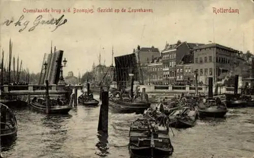 Ak Rotterdam Südholland Niederlande, Leuvehaven, geöffnete Zugbrücke, Boompjes