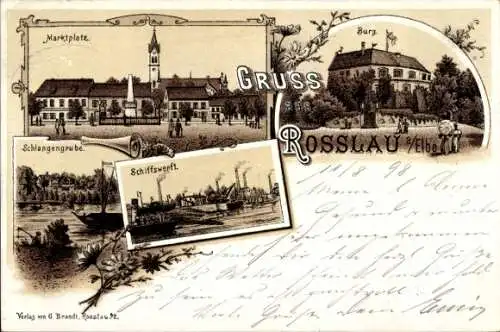 Litho Roßlau an der Elbe Anhalt, Schiffswerft, Schlangengrube, Marktplatz, Burg