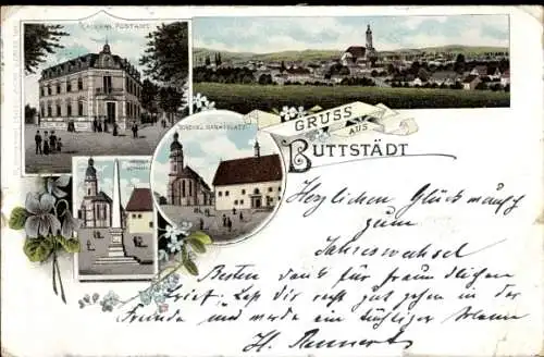 Litho Buttstädt in Thüringen, Postamt, Kirche, Marktplatz, Kriegerdenkmal