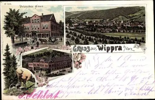 Litho Wippra Sangerhausen am Harz, Gesamtansicht, Deutsches Haus, Rehe am Wald